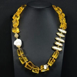 Natural Yellow Glass Quartz Rough White Biwa Keshi Pearl Choker Necklace 21.5" - Picture 1 of 9