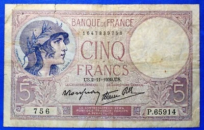 France 1939 - 5 Francs - P-83a.14 - Economical Grade G - VG (Tear) - Nov 2, 1939 - Image 1 of 2