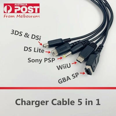 5-in-1 USB Charger Cable for Nintendo GBASP, DSL, DSi, 2DS, 3DS, WiiU & Sony PSP - Image 1 of 3