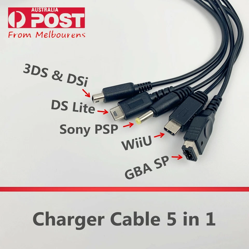 5-in-1 USB Charger Cable for Nintendo GBASP, DSL, DSi, 2DS, 3DS, WiiU & Sony PSP - Image 1 of 3