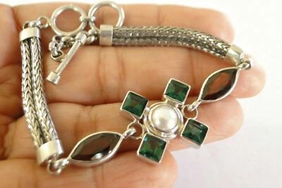 Green Quartz Red Garnet White Pearl 925 Sterling Silver Bracelet - Image 1 of 4