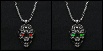 * 新 * 魔鬼骷髅项链红色、蓝色或绿色宝石眼睛 24 — 第 1/4 张图片