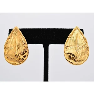 Vintage Ohrringe foliert Blatt hell poliert Gold klobig strukturiert Neu aus altem Lagerbestand 1980er 9E - Bild 1 von 12