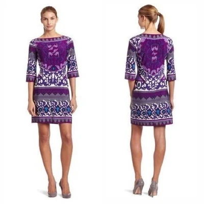 Vestido Donna Morgan Shift 8 Púrpura Blanco Mangas 3/4 Cuello Barco Geométrico Vibrante Foto 1 de 3