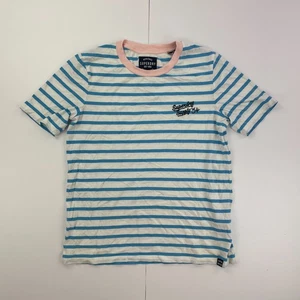 Superdry T-Shirt 8 Blue White Womens Short Sleeve Round Neck Striped Logo Top - Picture 1 of 12