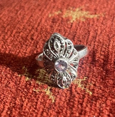 925 Sterling Silver Amethyst And Marcasite Ring Size 5 Whimsical Antique Style - Image 1 of 4