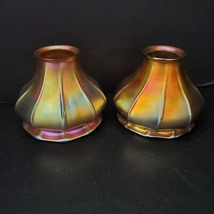2 Iridescent Gold Aurene Art Glass Flower Bell Shade Steuben Quezal  3 7/8" high - Picture 1 of 24