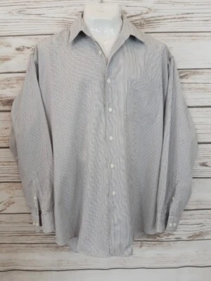 Рубашка мужская Bachrach размер 17 1/2 36-37 белая с синими и бежевыми полосками на пуговицах  - Изображение 1 из 4