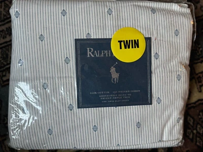 NOVO VINTAGE RALPH LAUREN FOLKSTONE AZUL BRANCO LISTRADO DIAMANTE FOLHA PLANA DUPLA - Imagem 1 de 2