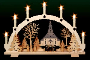 LED Schwibbogen 7 Kerzen Seiffener Kirche Kurrende 53cm Erzgebirge Lichterbogen - Bild 1 von 1