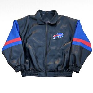 Vintage NFL Buffalo Bills Faux Leather Jacket Size XL Black Game Day