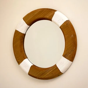Wood Lifering Wall Mirror 40cm Round Nautical Coastal Lifebuoy Bathroom Decor - Picture 1 of 4