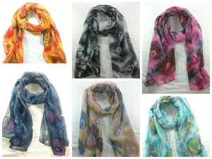 Fashion Any Season Casual Style Feather Print Soft Long Shawl Scarf - Picture 1 of 13