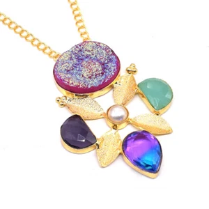 Dyed Slice Druzy Agate Necklace Gold Plated Handmade Fashion Jewelry 18 U228 - Picture 1 of 3