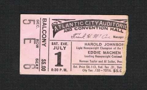1961 Harold Johnson vs Eddie Machen boxing ticket Feldman Hauser Manning Alford Cover
