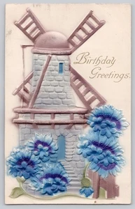 Birthday Postcard Windmill Flowers S. Langsdorf Germany Embossed - Picture 1 of 3