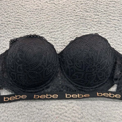Bebe Bra 36D Camiseta Sujetador Sin Tirantes Negro Encaje Spellout Foto 1 de 4
