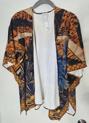 Cárdigan abierto kimono festival guepardo amarillo azul blanco Chico's para mujer talla única  Foto 1 de 4