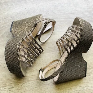 Jean Michel Cazabat Gold Glitter Heel Lattice Wedges Sz 37 NWT SB-D - Picture 1 of 4