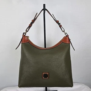 Dooney & Bourke Hobo Bag Green Pebbled Leather Brown Trim Zipper Closure - Picture 1 of 19