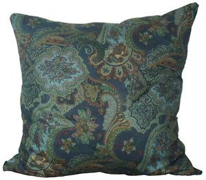 Vintage Green & Blue Linen Paisley Throw Accent Pillow Fiber Fill 22” - Picture 1 of 10