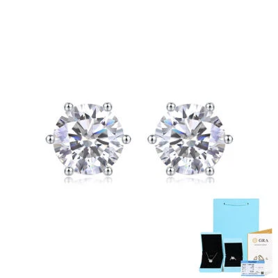 1-4 Ct Moissanite 925 Silver Solitaire Stud Earrings -GRA Certified D/VVS1 5-8mm - Image 1 of 4