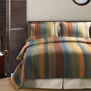 NEW!~  COZY BROWN RUST GREEN RED DENIM BLUE ORANGE STRIPE SOUTHWESTERN QUILT SET - Picture 1 of 3