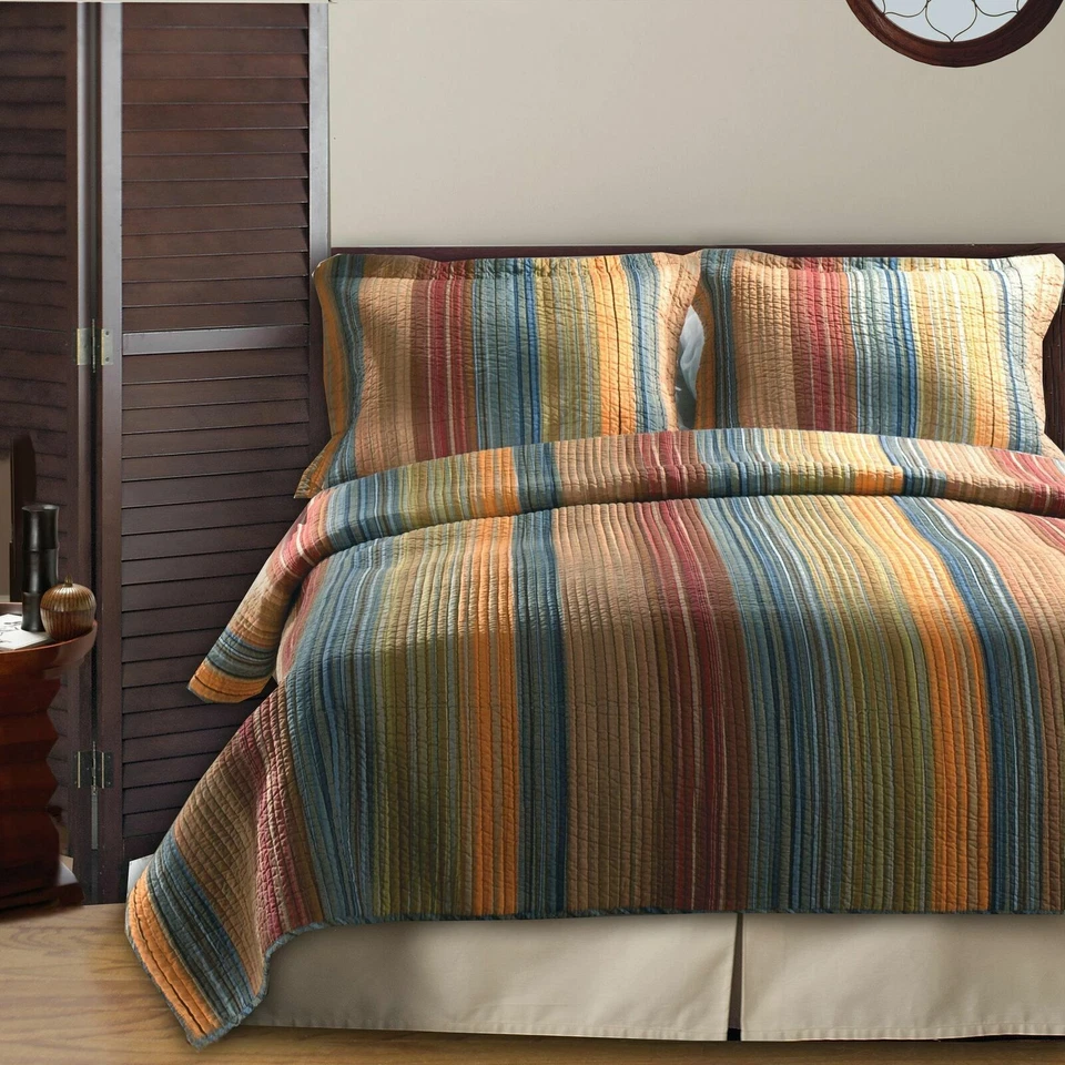 NEW! ~  COZY BROWN RUST BRONZE GREEN RED DENIM BLUE ORANGE SOUTHWEST QUILT SET - Image 1 of 4