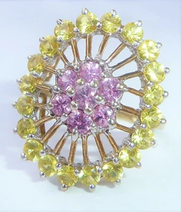 Large 9ct Gold Pink & Yellow Sapphire Cocktail Ring, Size O - Picture 1 of 12