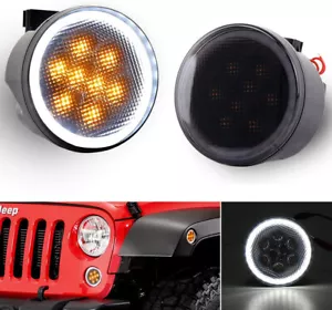 for Jeep Wrangler JK JKU 2007-2018 Front Amber LED Turn Signal Lights Smoke Lens - Picture 1 of 3