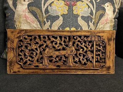 Vintage / Antique Chinese Wood Carved Panel Relief Rare Markings Collectors • 19.95£