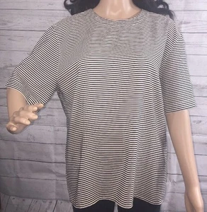 Rena Rowan for Saville Blouse Size 12 Ivory Black Striped Short Sleeve Silky Top - Picture 1 of 11