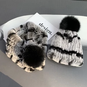 Womens Real Rabbit Fur Scarf and Hat set Collar Wrap Neck Warmer With Fur Ball - Picture 1 of 31