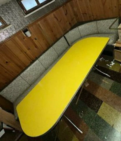 1950s MCM Atomic Boomerang Sectional Diner Yellow Amoeba Formica Chrome Table Cover