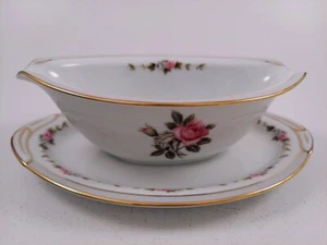 Vintage Noritake Reverie 5431 Gravy Boat w/ Underplate Pink & Gray Roses Japan - Picture 1 of 4