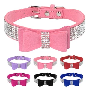Suede Leather Rhinestone Dog Collar Diamante Cute Bowknot for Small Dogs Cats XS - Picture 1 of 22