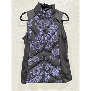 Athleta Black Floral Puffer Vest Women's Small Tall Lightweight Stand Collar - Picture 1 of 5