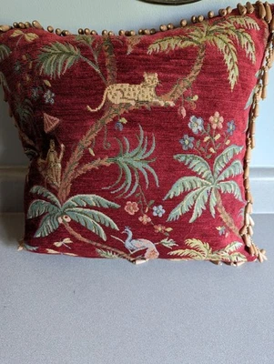 Vintage Tapestry Kravet Tropical Jungle Exotic Animals Throw Pillow Wood Beads - Image 1 of 4