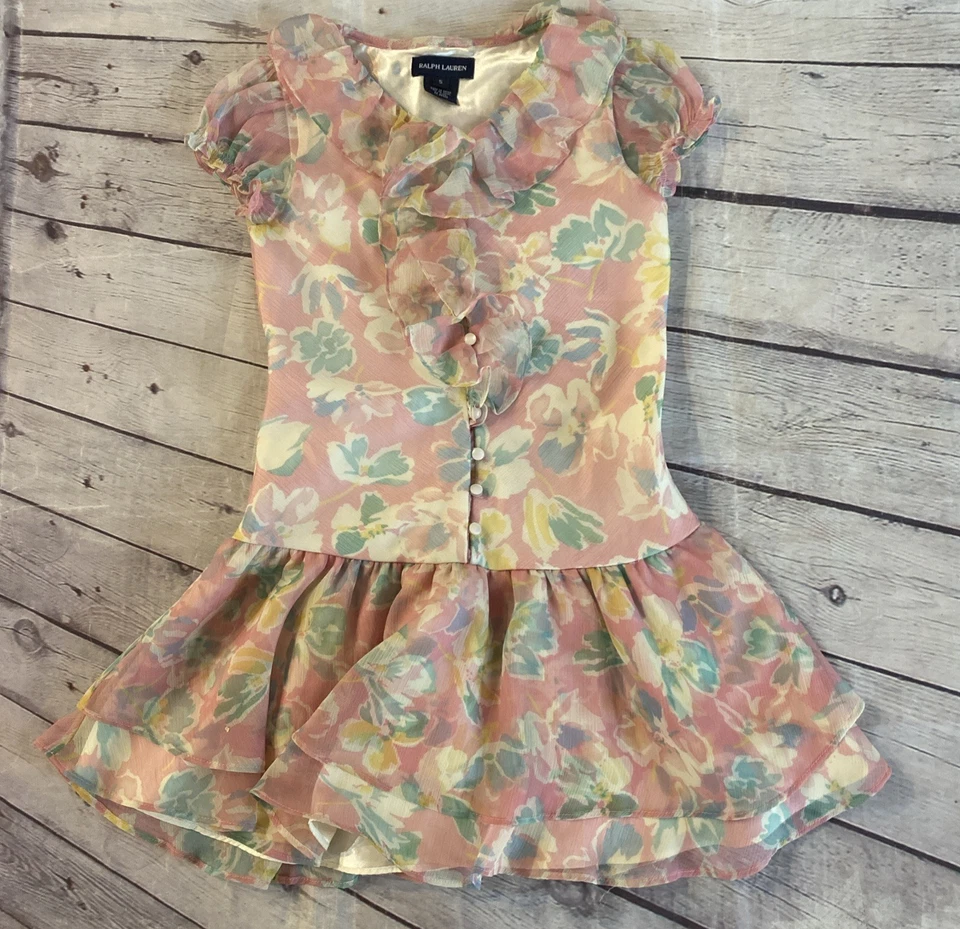 Vestido de Fiesta Ralph Lauren Niñas Talla 5 Rosa Floral Volantes Vintage Pasteles Foto 1 de 4