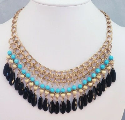 Layered Black Multi Dangle Blue Beaded Gold Tone Chain Bib Necklace WOW - Image 1 of 4