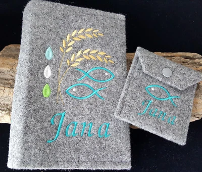 Gotteslob Hülle + Rosenkranz mit Namen Täschchen Kommunion Fische Ähre Symbol  - Bild 1 von 2