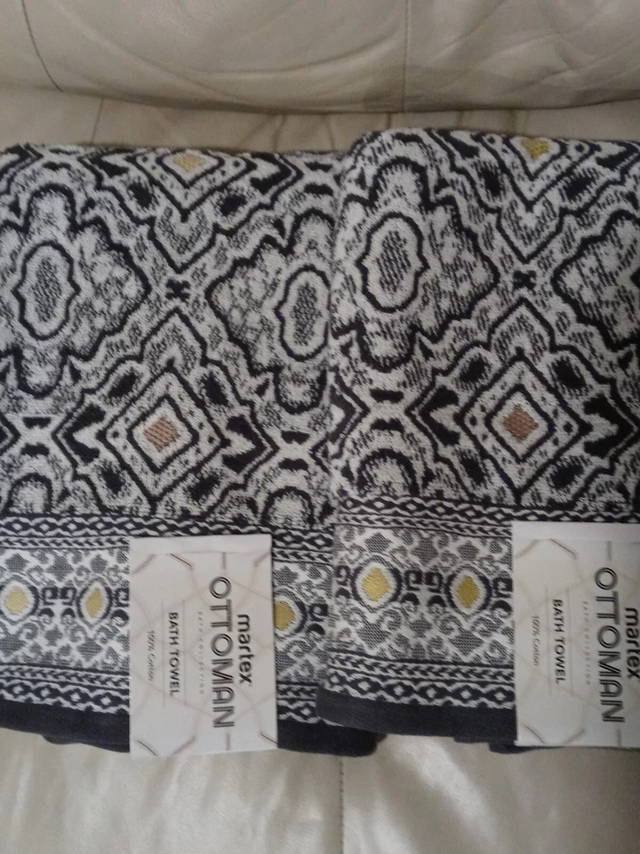 Juego de 2 toallas de baño otomanas grises y doradas Martex Bath Collection 100 % algodón Foto 1 de 2