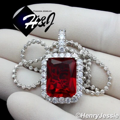 24"MEN 925 STERLING SILVER 2MM MOON CUT BEADED CHAIN SIMULATED RUBY PENDANT*P156 - Image 1 of 4