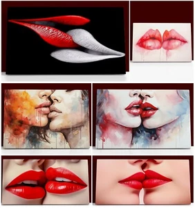 Passion Women Lips In a Kiss Tender Seductive Mouths Canvas Wall Art Print - Picture 1 of 16
