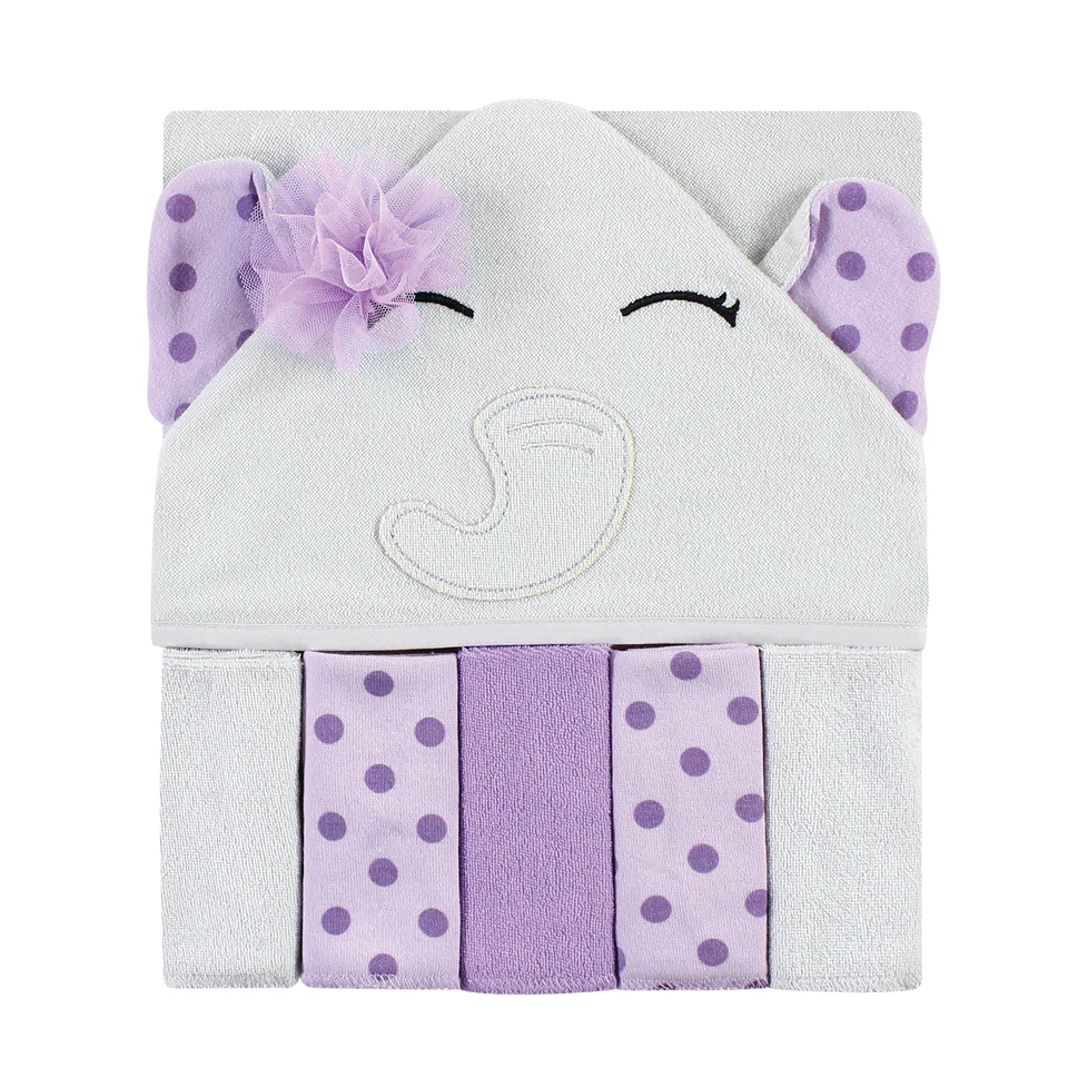 Hudson Baby Hooded Towel and Five Washcloths, Purple Dots Pretty Elephant - Image 1 of 1