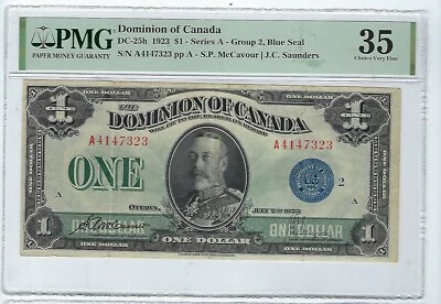 1923 Dominion of Canada $1 Dollar  Bank Note DC-25h PMG 35 - Image 1 of 2