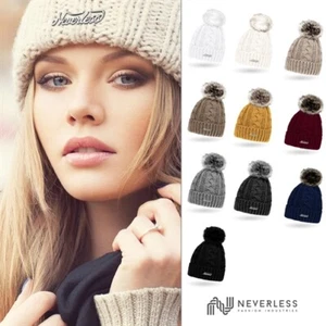 Damen Strick-Mütze gefüttert Fell-Bommel Kunstfell Winter-Mütze Bommelmütze - Bild 1 von 11