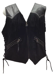 Womens L JACK DANIELS Old No. 7 Brand Black Leather Motorcycle Fringe Biker Vest - Picture 1 of 16