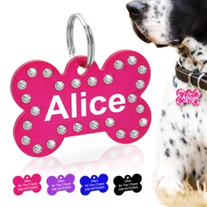 20/100pcs 40mm Personalized Dog Tags Glitter Rhinestone Bulk Bone Pet Name Discs - Picture 1 of 21