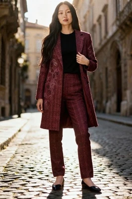 Tory Burch Patsy Rojo Tweed Cuentas 2 Piezas Traje Chaqueta Pantalón Conjunto Para Mujer Talla 4 Foto 1 de 4